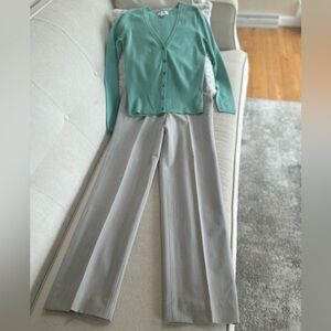 LOFT Light Taupe Beige Wide-Leg Trousers & Green Button Sweater